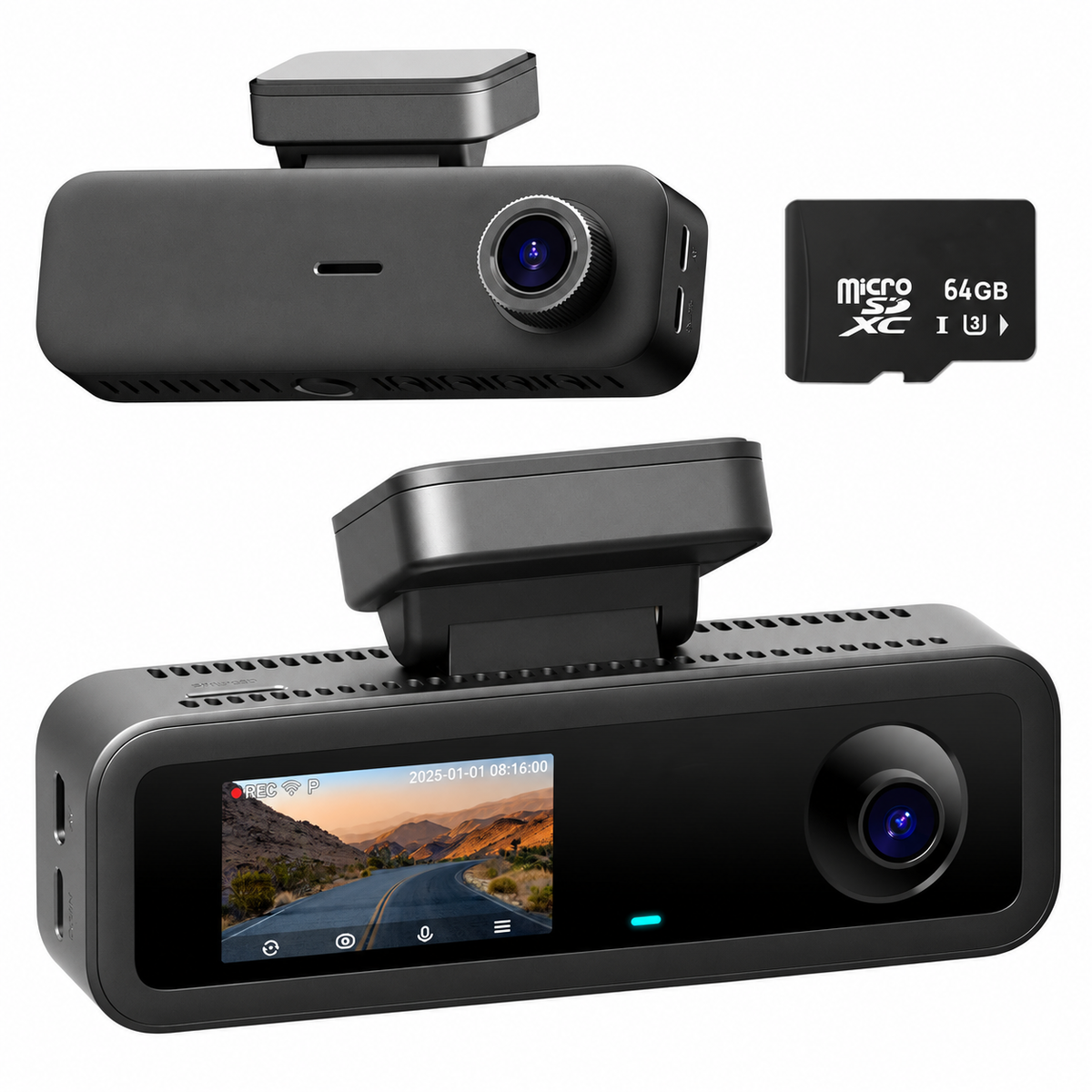 Palubní kamera do auta T800E.Palubní kamera T800E pro pořizování videozáznamu při jízdě autem.  Vyberte si variantu T800E-RC21-64GB nebo T800E-64GB.
